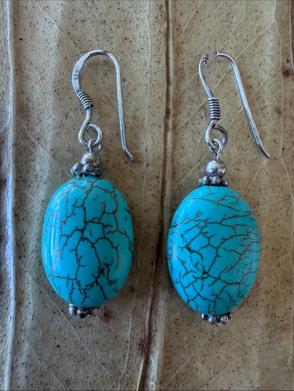 Vintage 925 sterling silver drop dangle earrings with blue turquoise